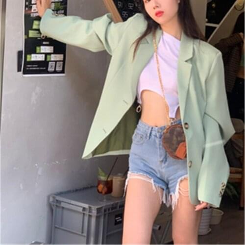 Womens Green Suit Jackets Autum Fashion Casual Loose Notched Shoulder Pads Straight Female Blazers Solid Color OL Suits Coats