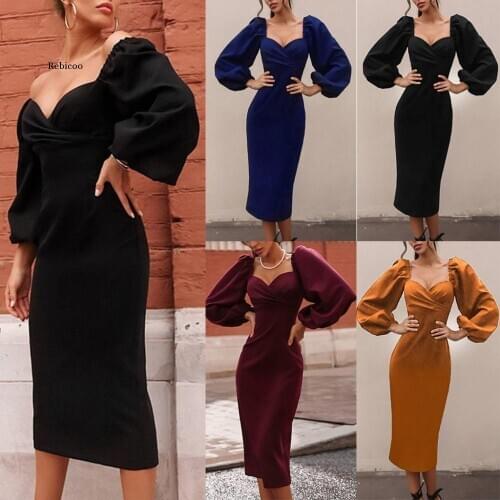 Women Fall Winter Dress Vintage Square Collar Ladies Dresses Fashion Long Lantern Sleeve Maxi Party Dress
