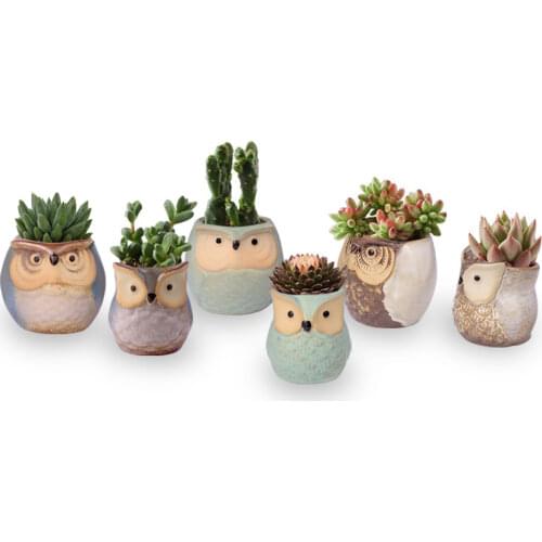 6Pcs Cute Ceramic Owl Shape Garden Flower Pot Chinese Glazed Planters Gardening DIY Succulent Planter Pot Home Garden Decor