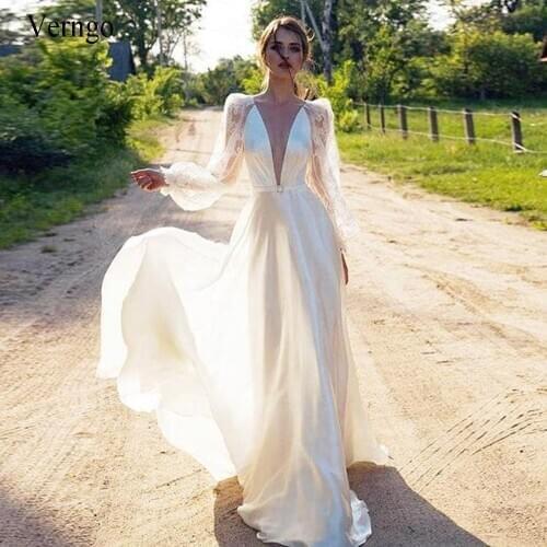 Verngo V-Neck Satin Lace Wedding Dress Elegant Long Sleeve Slim Hollow Sling Cross Chic Simple Bridal Gowns Vestido de fiesta