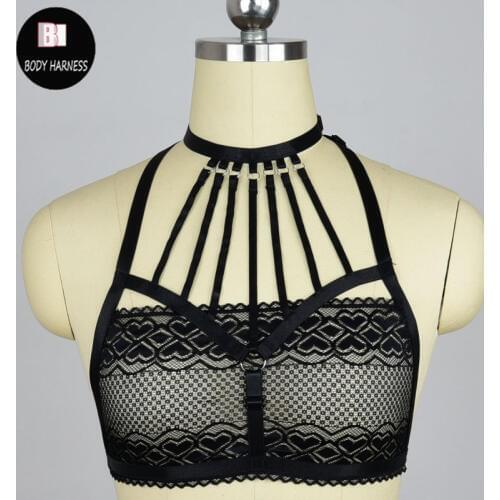 Body Cage Bra Black Harajuku Gothic Lace Sheer Bra Harness Adjustable Body Harness Crop Top Fetish Wear Bondage Body Harness