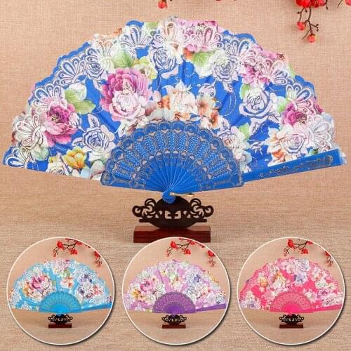 Flower Fans Rose Bronzing Lace Wedding Folding Retro Silk Fan Dance Decor Chinese Style Party hand Held Flower Fans 2021