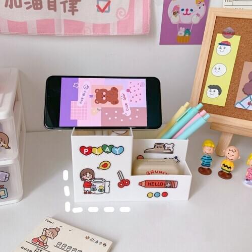 MINKYS Kawaii Multifunctional Pen Holder Desktop Organizer Storage Box Free Sticker Mobile Phone Holder School Office Stationery
