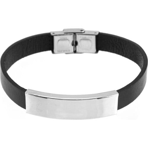Personalized print blank curved tube 10mm width bracelet men Genuine Leather black color bracelets Stainless steel bracelet