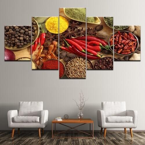 Wall Art Canvas Painting Posters Prints 5 Panel Spoon Grains Spices Peppers Kitchen Modular HD Food Picture Home Decoration