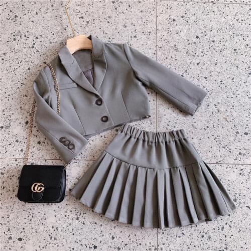 MIEMBRO Spring New Solid Girls' Blazer Jacket Two Piece Pleated Skirt Children Clothing Set Kids Cute Casual Clothes Outfit