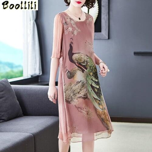 Summer Silk Dress Women 2020 Print Midi Floral Dress Elegant Big Size Ladies Dresses Casual Vintage Clothes Vestido Mujer