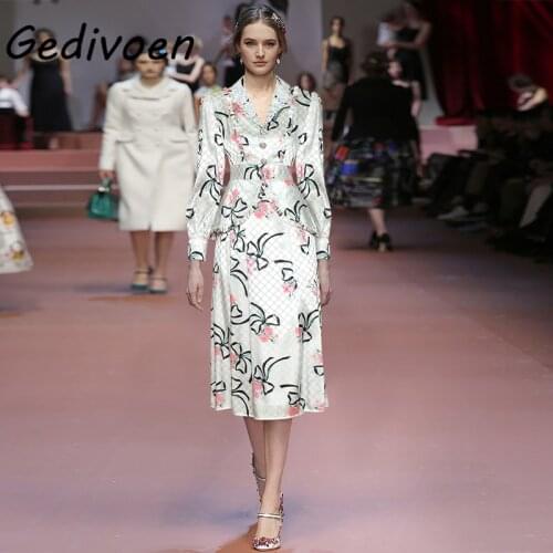 Gedivoen Runway Autumn Full Sleeve White Button Dresses Womens Elegant Flower Print Fashion Spliced Ruffles High Waist Dress