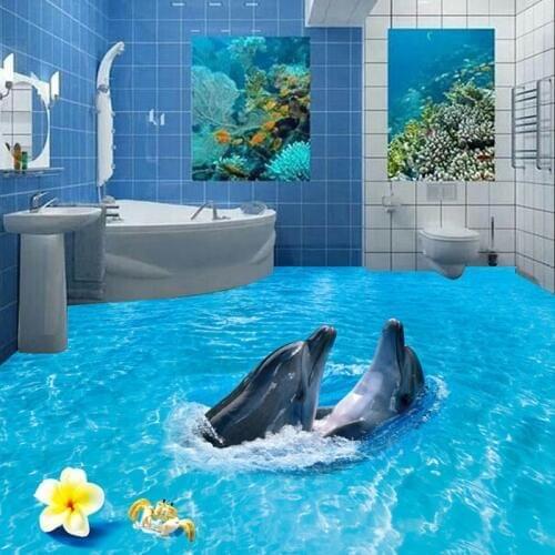 Custom Photo Wallpaper 3D Ocean Wave Beach Two Dolphins Living Room Bedroom Bathroom Floor Sticker PVC Self-adhesive Wallpaper