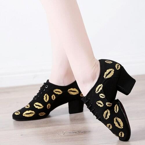 USHINE BD65 heel 5cm Gold Lips Oxford cloth ChaCha teacher dance shoes ballroom dancing printing Latin ballet dance shoes woman