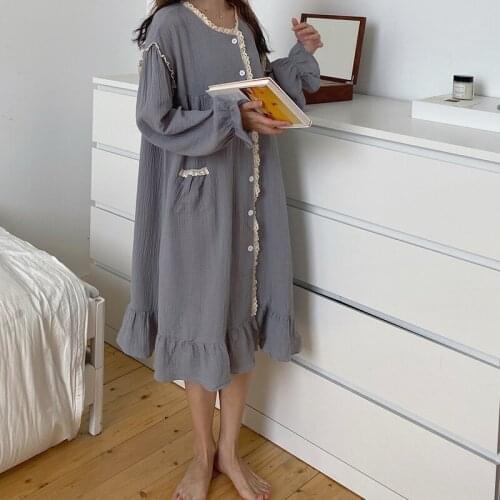 Gauze cotton breathable women nightgown lacework o-neck long sleeve single breasted cardigan dress homewear autumn winter Y965