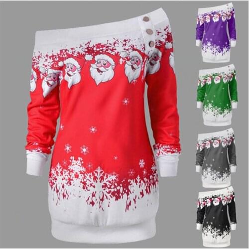 Ladies Christmas Clothing Round Neck Printed Splicing Pullover Fall Winter Black Slash Long Sleeve Polyester Loose Sweatshirts