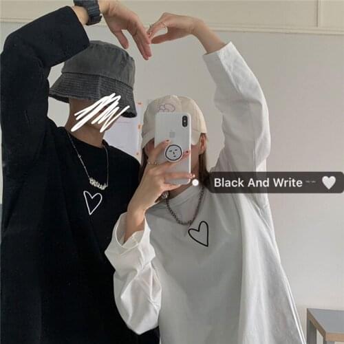 Korean Clothes Vintage Love Couple Long-Sleeved T-Shirt Harajuku Kawaii Punk Clothing Gothic Womens Autumn Solid Color TShirt