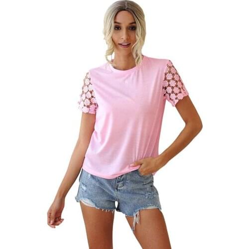 Ladies Summer O Neck Tops Hook Flower Hollow Short Sleeve T Shirt Women Solid Color Personality Casual Straight Female Tees