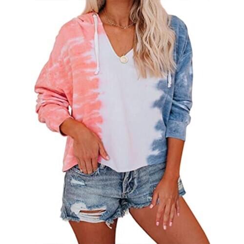 Women Long Sleeve Drawstring Hoodies Gradient Colored Tie-Dye V-Neck Sweatshirt