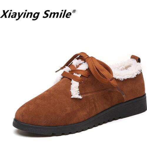 Xiaying Smile Women Fashion Casual Flats New Arrive Winter Short Plush Lace-Up Flats Shoes Europe Popular Women Shoes Size 35-40