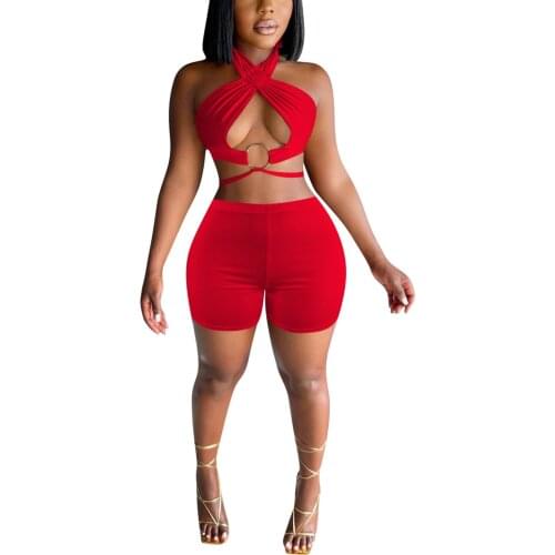 2021 Fashion Sexy 2PCS Set Hollow Out Bandage Summer Outfit Solid Suit Women Backless Halter Crop Top+Shorts Clubwear Tracksuit