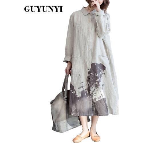 Linen Cotton Loose Shirt Dress 2020 Spring Summer Print Vintage Dress Single-Breasted Long Sleeve Casual Dress Women
