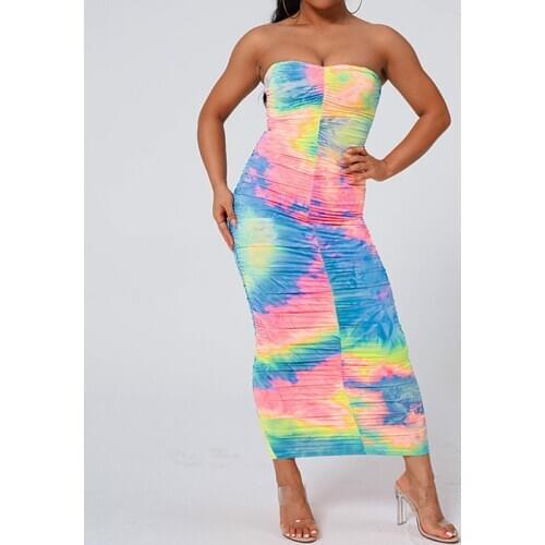 NORMOV Women Sexy Dress Sleeveless Strapless Pleated Slim Long Dress Colorful Printing Bodycon Club Female Dress