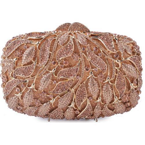 Gold Metal Womens Bag Champagne Crystal Evening Clutch Bags Diamonds Female Leaves Purse Handbags Elegant Ladies Evening Bags