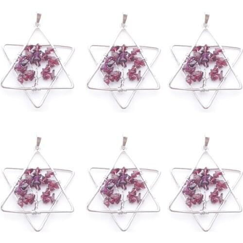 6Pcs/Lot Tree of Life Pendants Women Man Jewelry Natural Garnet Chips Stone Chakra Reiki Five Pointed Star Metal Merkaba TN3805