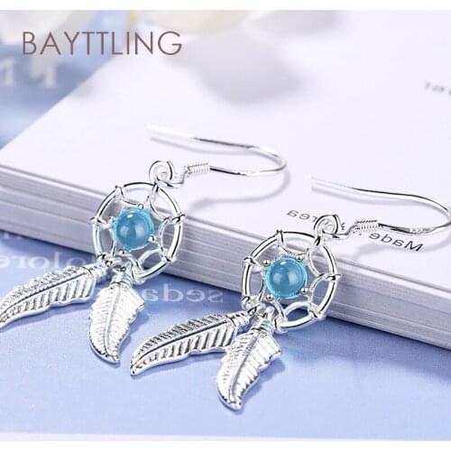 BAYTTLING New Arrival 42MM 925 Sterling Silver Blue Zircon Leaf Drop Earrings For Women Fashion Jewelry Gifts