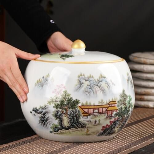Jingdezhen Large Ceramic Tea Caddy Tea Sealed Can Household Storage Pot Pu'er Tea Cake Jar Can Ornament