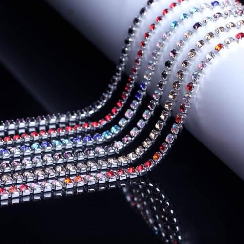 1Yard Colour Crystal Glass Rhinestone Silver Cup Claw Strass Chain Sew On Rhinestone Trims Craft For Clothing Accessories DIY