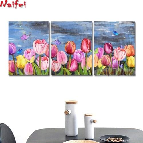 Tulip Flower Elegant Picture Flower and Butterfly Triptych Diamond Painting, Diamond Embroidery