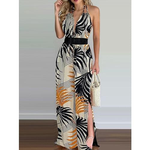 Tropical Print Slim Waist Sexy Backless Slit Leg Jumpsuits Women Summer Rompers