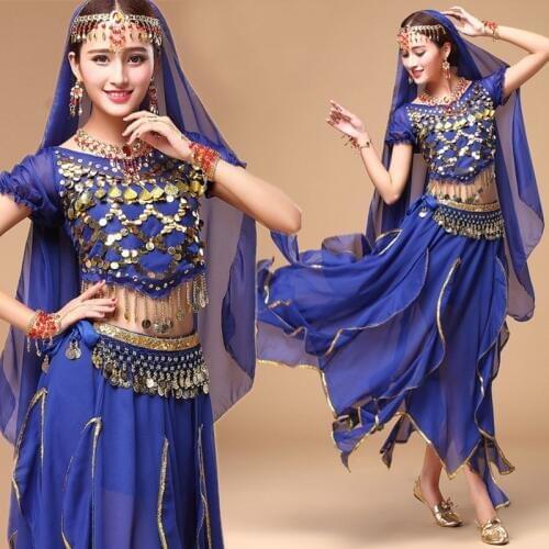 2020 Belly Dancing Costumes Top & Skirt & Waist Chain & Headchain & Veil Suit Indian Dance Indian Clothes Belly Dancer 5PCS/SET