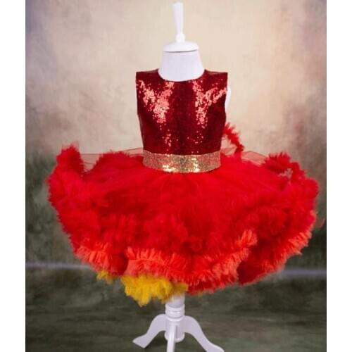 New Red Sequined Tutu Outfit Infant Girl Dress Knee Length Backless Baby Girl First Birthday Dress Kids Party Gowns