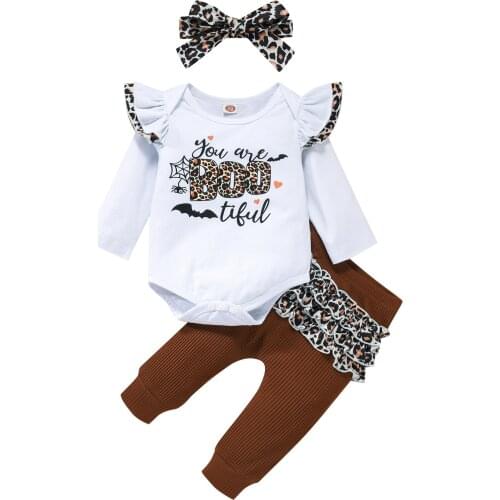 Citgeett Autumn Halloween Toddler Baby Girls Outfit Letters Long Sleeve Romper + Leopard Print Elastic Waist Pants + Headband