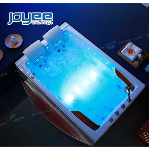 JOYEE Bathroom Freestanding 2 Sided Skirt Water Massage Soaking Tubs with Air Jets 2 Person Luxury Jacuzzi Spa Whirlpool Bathtub