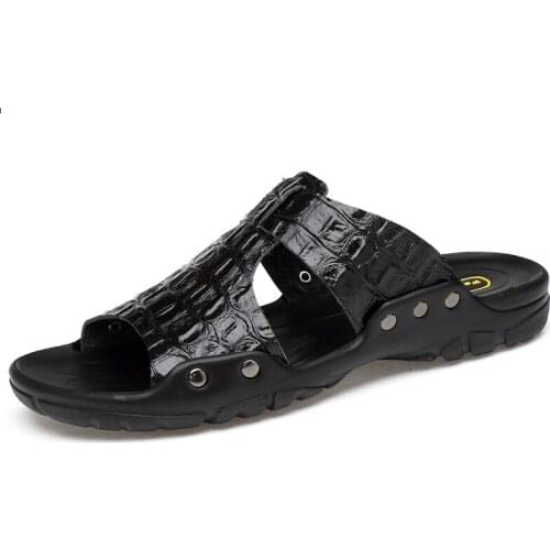 XL sizes 52 Split Leather Slippers for Men summer Hot sale slides Sandals Beach shoes flip flops hombres sandalia Black