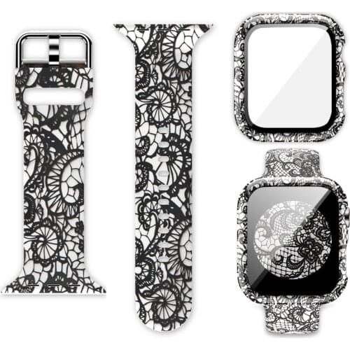 Glass protective shell + Silicone Strap for Apple watch 44mm 42mm 40mm 38mm Color replacement strap for iwatch 6 5 4 3 2 1 SE