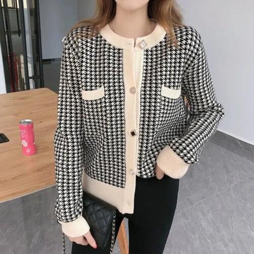 Houndstooth Loose Cardigans Jacket New O-Neck Long Sleeve Sweater Coat Soft Student Knitwear Tops Autumn Winter Short Cardigans