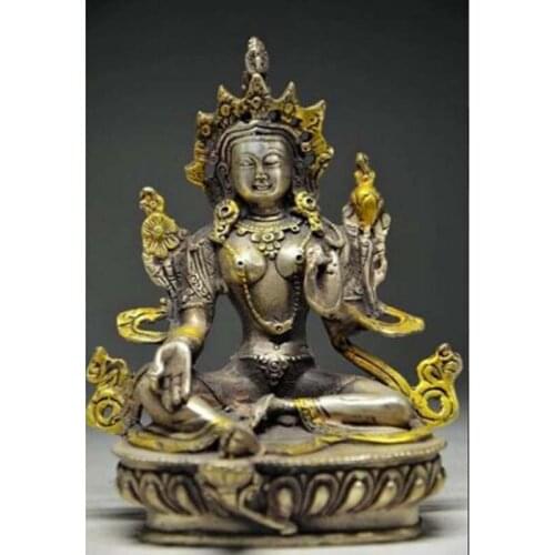 Tibet Buddhism Silver copper Gilt Green Tara Kwan-Yin Bodhisattva Buddha statue
