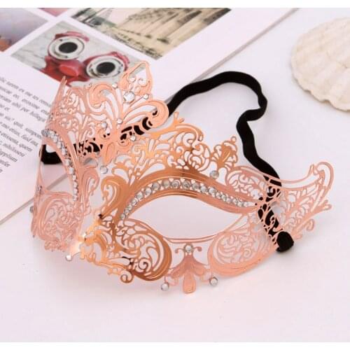 Rose Gold Venice Metal Mask Halloween Rhinestone Half Face Venetian Masquerade Men Women Filigree Party Mask