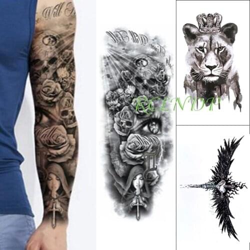 Waterproof Temporary Tattoo Sticker Skull Eye Cross Wings Crown Lion Full Arm and Sleeve Tatoo Fake Tatto for Men Women 3 Pcs
