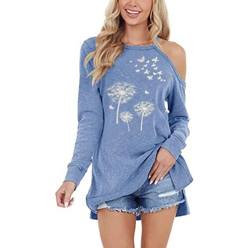 2021 Autumn Women Tops T-shirt Dandelion Print Off Shoulder Autumn Round Neck Long Sleeve Casual Top Blouse Party