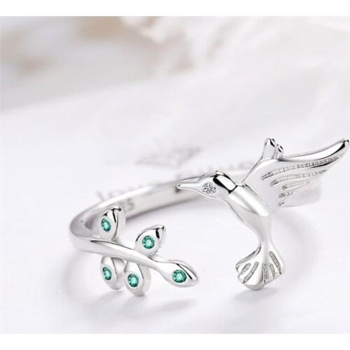 Sole Memory Tree Branch Bird Leaf Zircon 925 Sterling Silver Female Resizable Opening Rings SRI910
