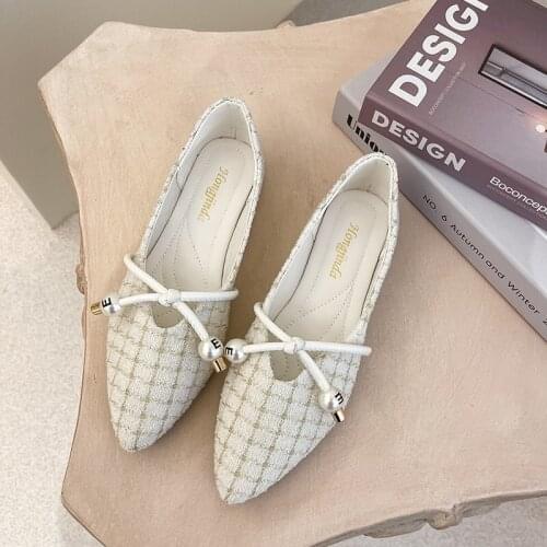 Llogai Women Flat Heel Shoes Summer Lady Working Shoes Flats Classic Plaid Pointed Toe Shallow Mouth Slip on Walking Shoes 2021