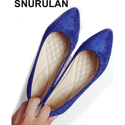 SNURULAN Women Red Sequin Cloth Flat Wedding Shoes Bride Pointed Toe Flats Blue Loafers Ladies Slip On Shallow Comfortable Boat