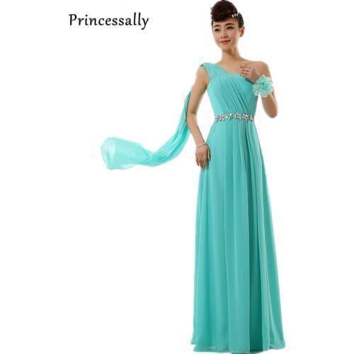 Robe De Soriee Turquoise Bridesmaid Dress Long Chiffon One Shoulder Beading Ribbons Elegant Bride Wedding Party Prom Formal Gown