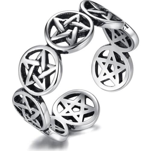 Star Pentagram Punk Chunky Adjustable Thai Silver Color Finger Ring For Women Mens Korean Trendy Tibetan Jewelry Gifts