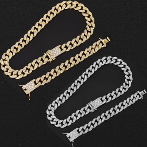 1.8cm Heavy Hip Hop Iced Out Miami Cuban Link Chain for Mens Bling Full Crystal Rhinestone Gold Silver Color Necklace Bracelets