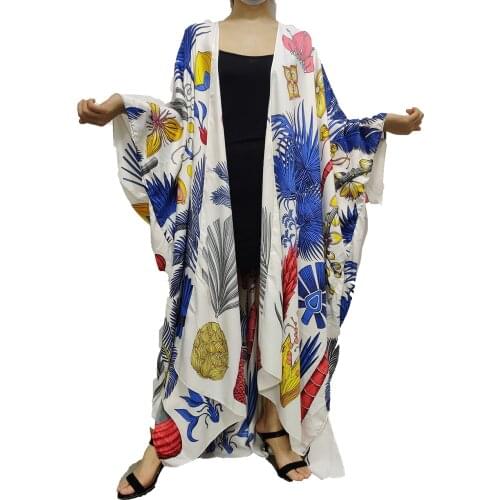 Bohemian 2021 Oversize Silk Floral Muslim Kimono For Women Dashiki African Traditional Swimwear Clothes For Lady