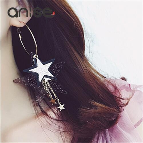 Anise 2017 Big Hoop Earrings Sequins Rhinestone Pentagrams Star Tassel Earrings Basketball Wives Earring Brinco De Argolae