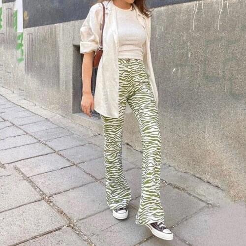 Casual Green Patchwork High Waist Women Flare Pants Button Streetwear Autumn Long Trousers Striped Fashion Female Pants 2021